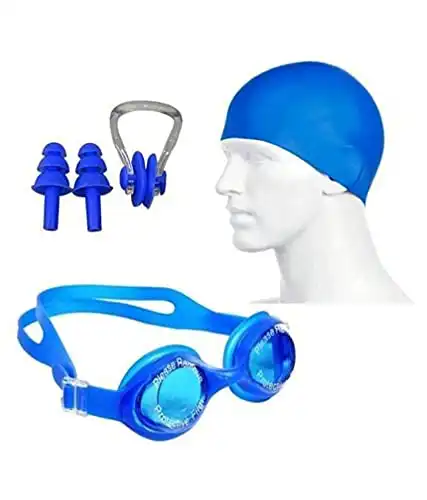 Premium 4 in 1 Swimming Combo of Cap, Goggles, Ear Plugs & Nose Clip (in Multi Colors)