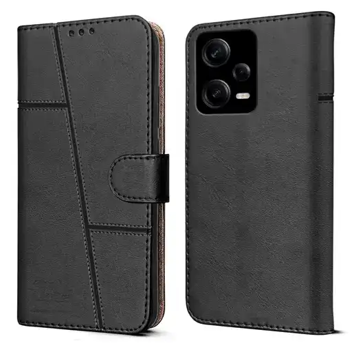 Flip Cover Case for Xiaomi Redmi Note 12 Pro 5G (Stitched Leather with Magnetic Closure | Black)