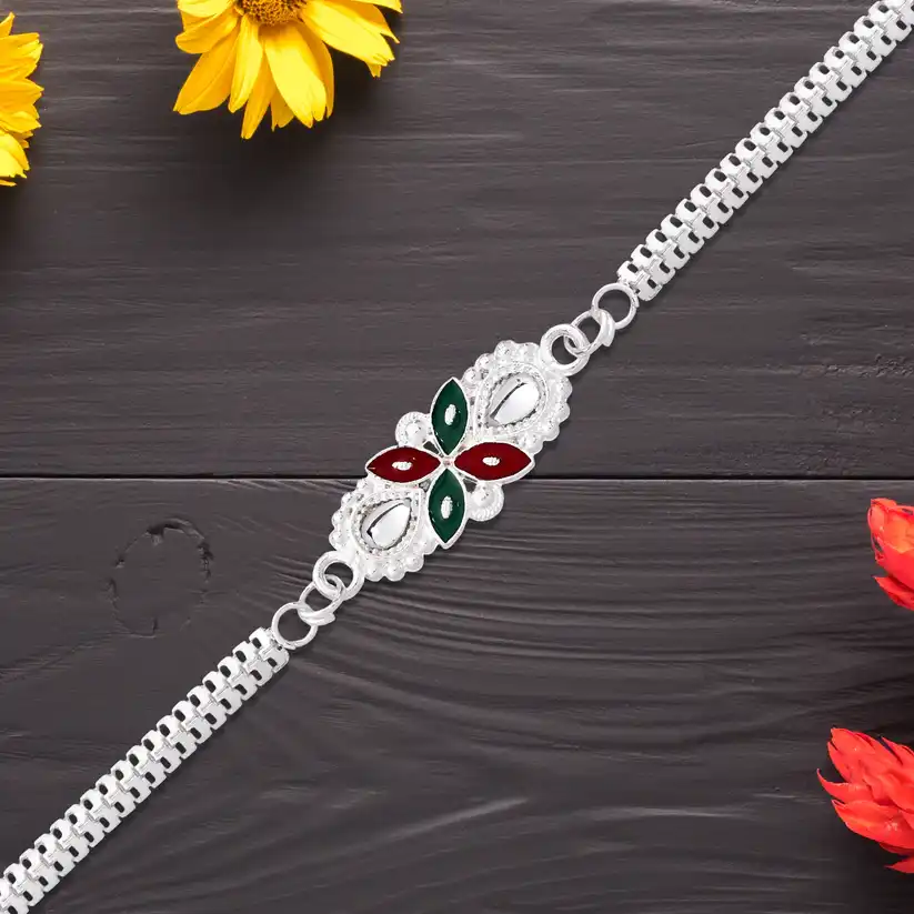 Elegant Floral Rakhi with Red-Green Enamel & Metal Chain