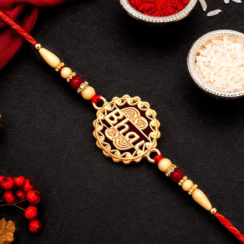 Golden Bhai Rakhi with Decorative Beads – Premium Rakhi for Brother