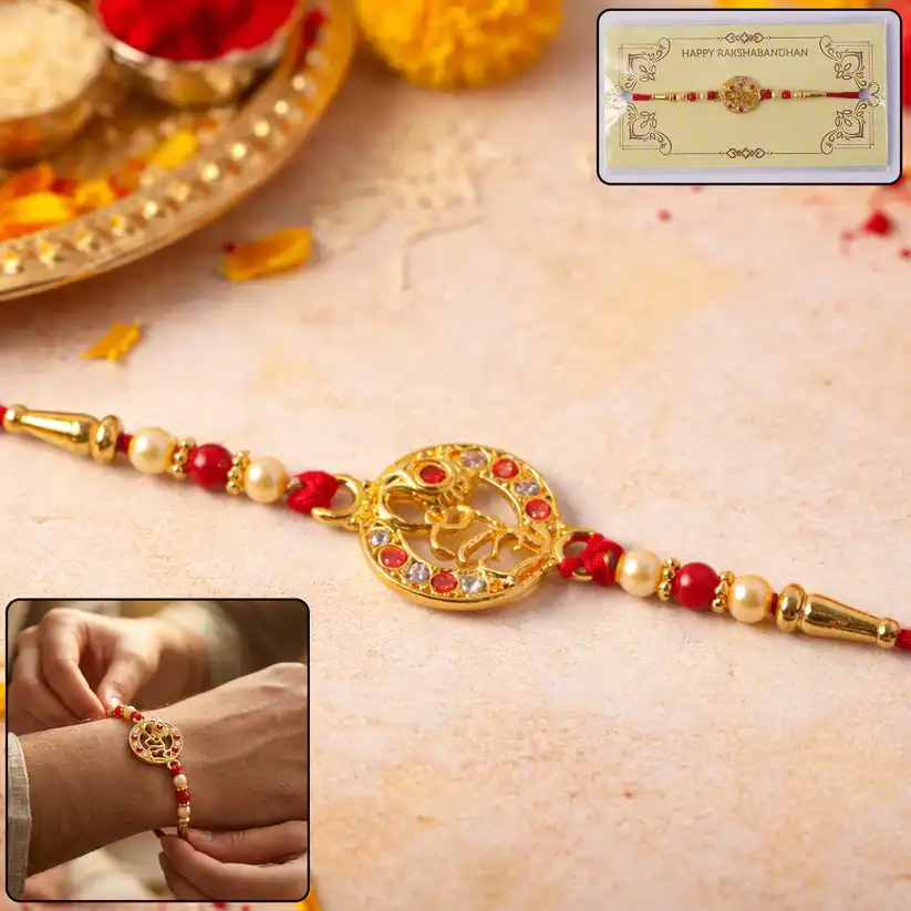 Premium Radhe Name Designer Rakhi with Stone Studded Centerpiece