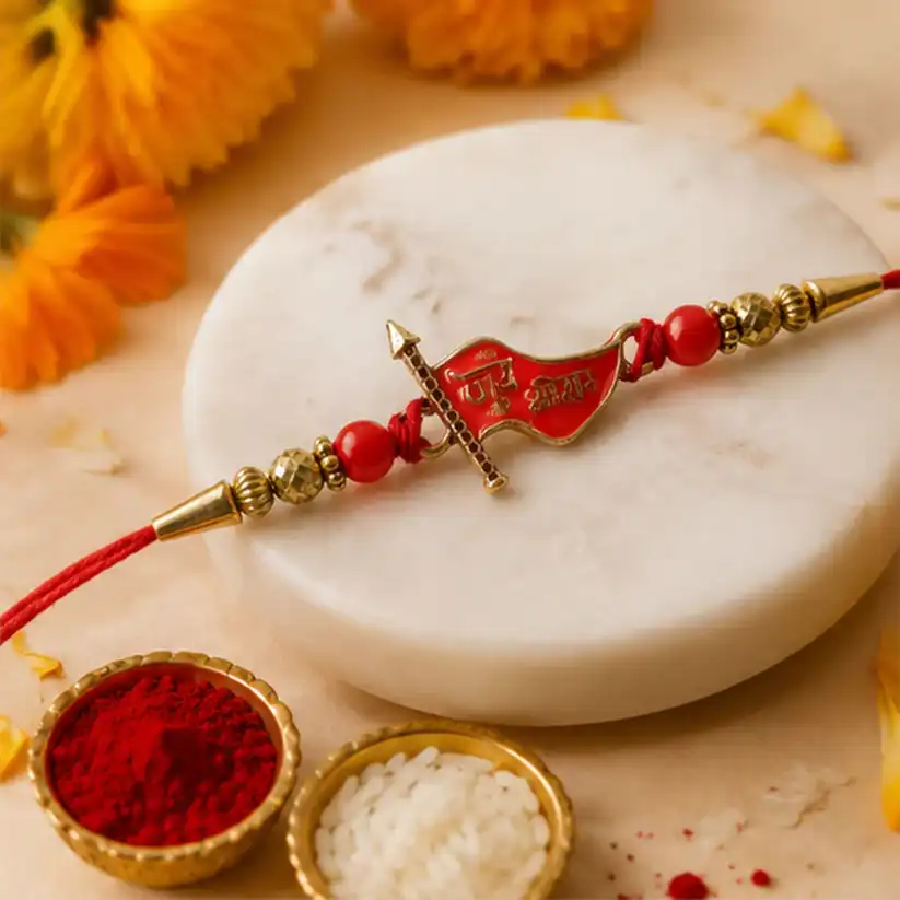 Jay Shree Ram Red Meenakari Rakhi with Gold Beads & Mauli Thread