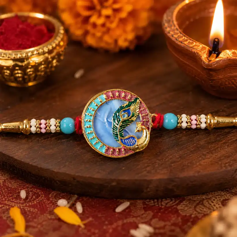 Peacock Motif Designer Rakhi with Beads for Raksha Bandhan