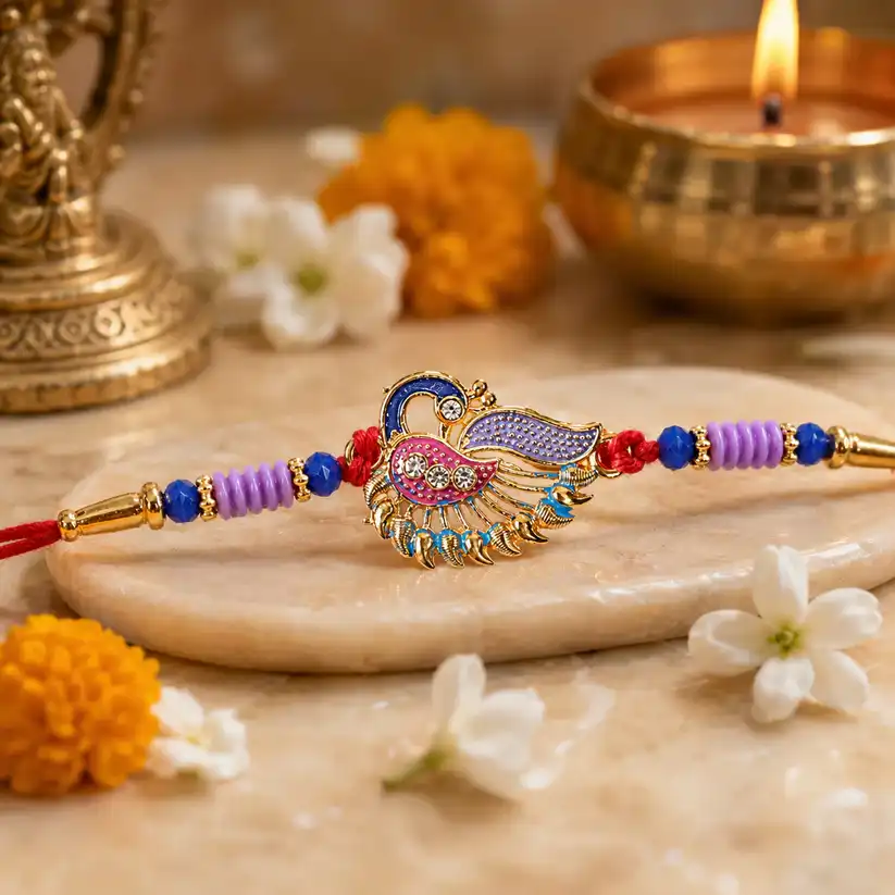 Designer Peacock Rakhi with Beads & Soft Thread - Traditional Rakhi (1 Pc)