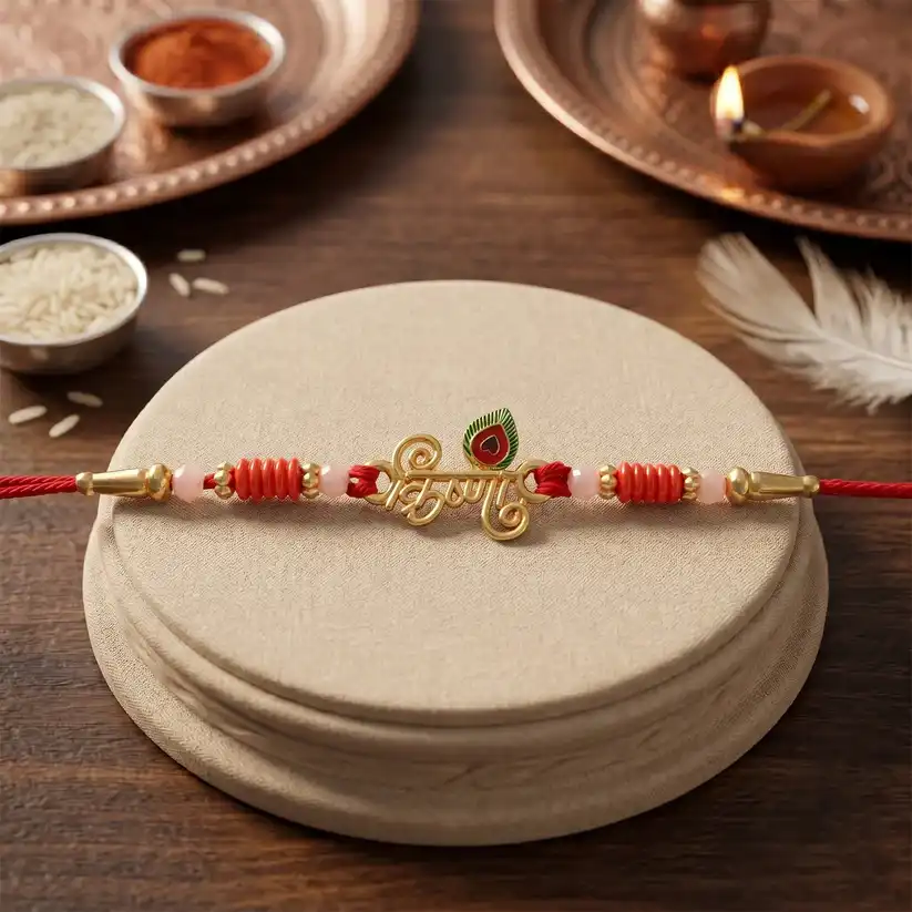 Krishna Naam Devnagari Peacock Feather Designer Rakhi