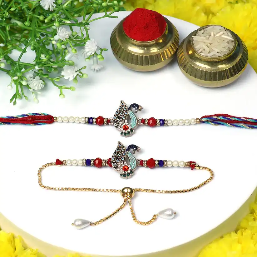 Royal Swan Bhaiya Bhabhi Rakhi Set – Pearl & Stone Designer Combo