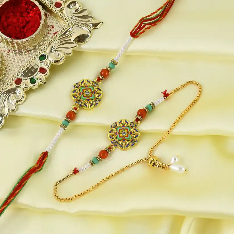 Vibrant Mandala Bhaiya Bhabhi Rakhi Set with Pearl Chain & Meenakari Charm