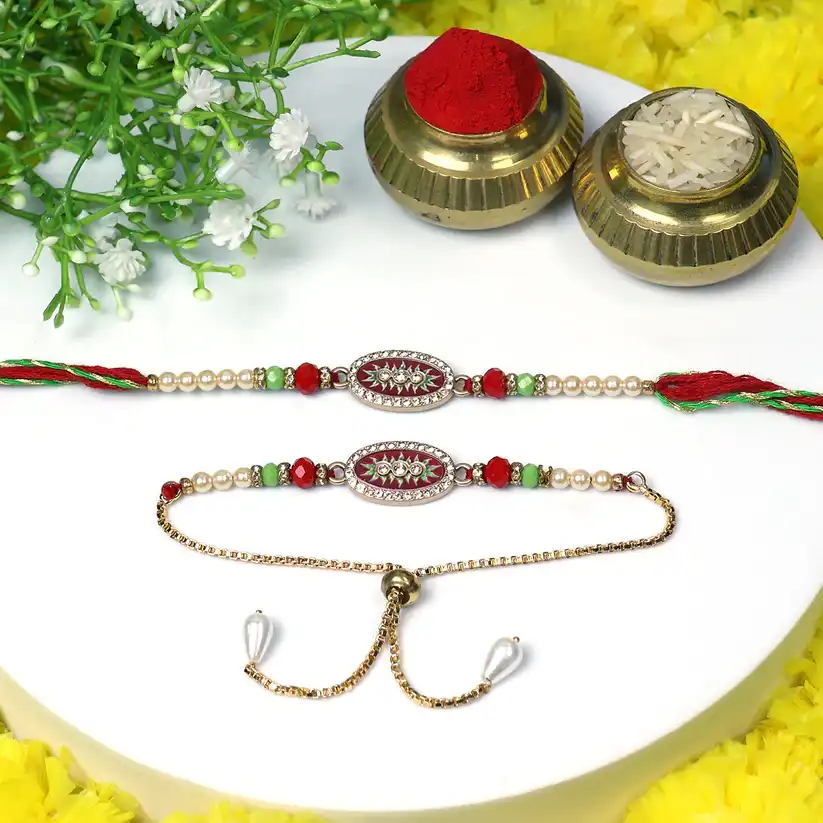 Elegant Bhaiya Bhabhi Rakhi Set with Pearl Beads & Adjustable Gold Bracelet