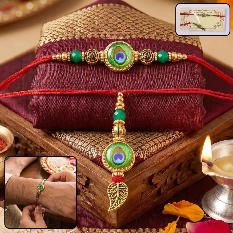 Evil Eye Peacock Bhabhi Rakhi with Leaf Latkan - Elegant & Protective