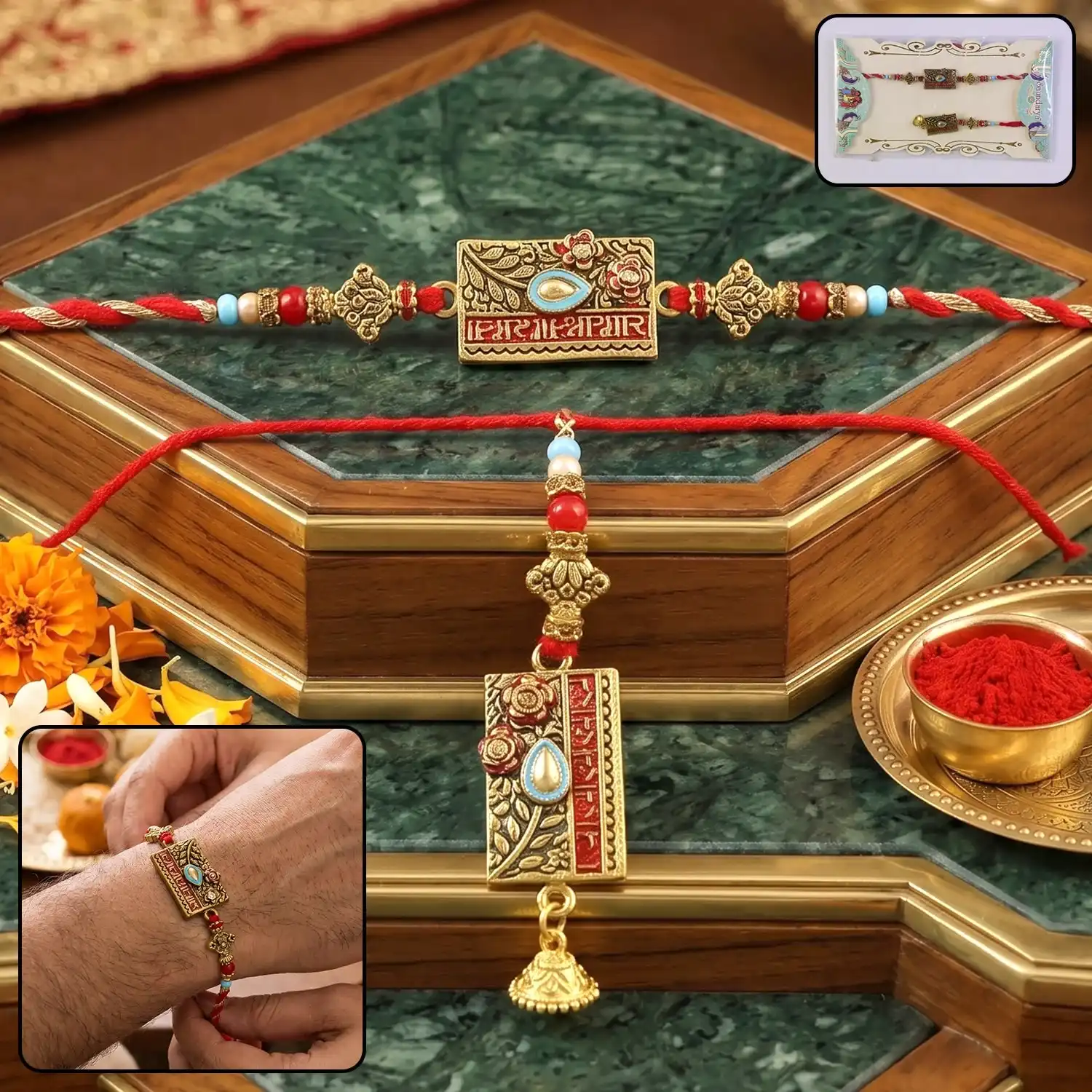 Traditional Peacock Latkan Bhabhi Rakhi with Pearl Beads