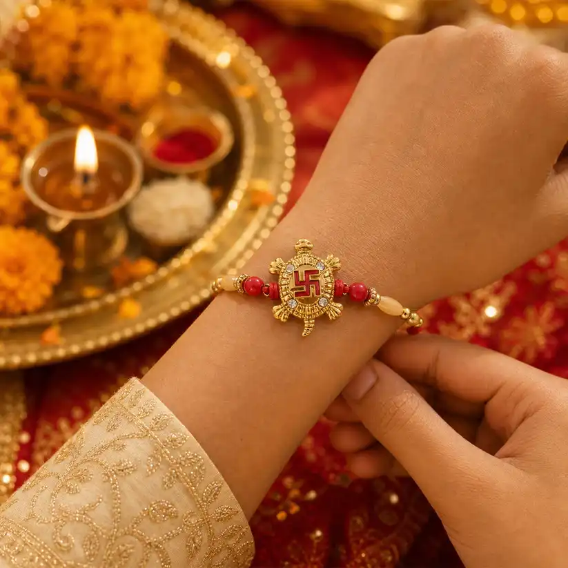 Turtle Swastik Designer Rakhi with Red Thread – 1 Pc